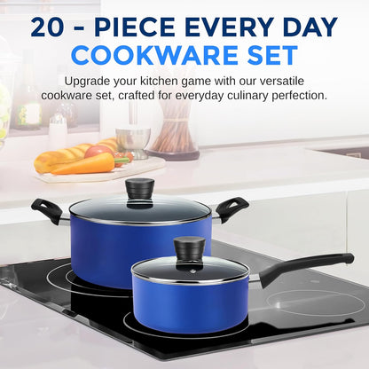 20-Piece Blue Cookware and Knives Set - Includes Multi-Sized Nonstick Pots and Pans with Lids and Utensils, Heat Resistant, Dishwasher Safe
