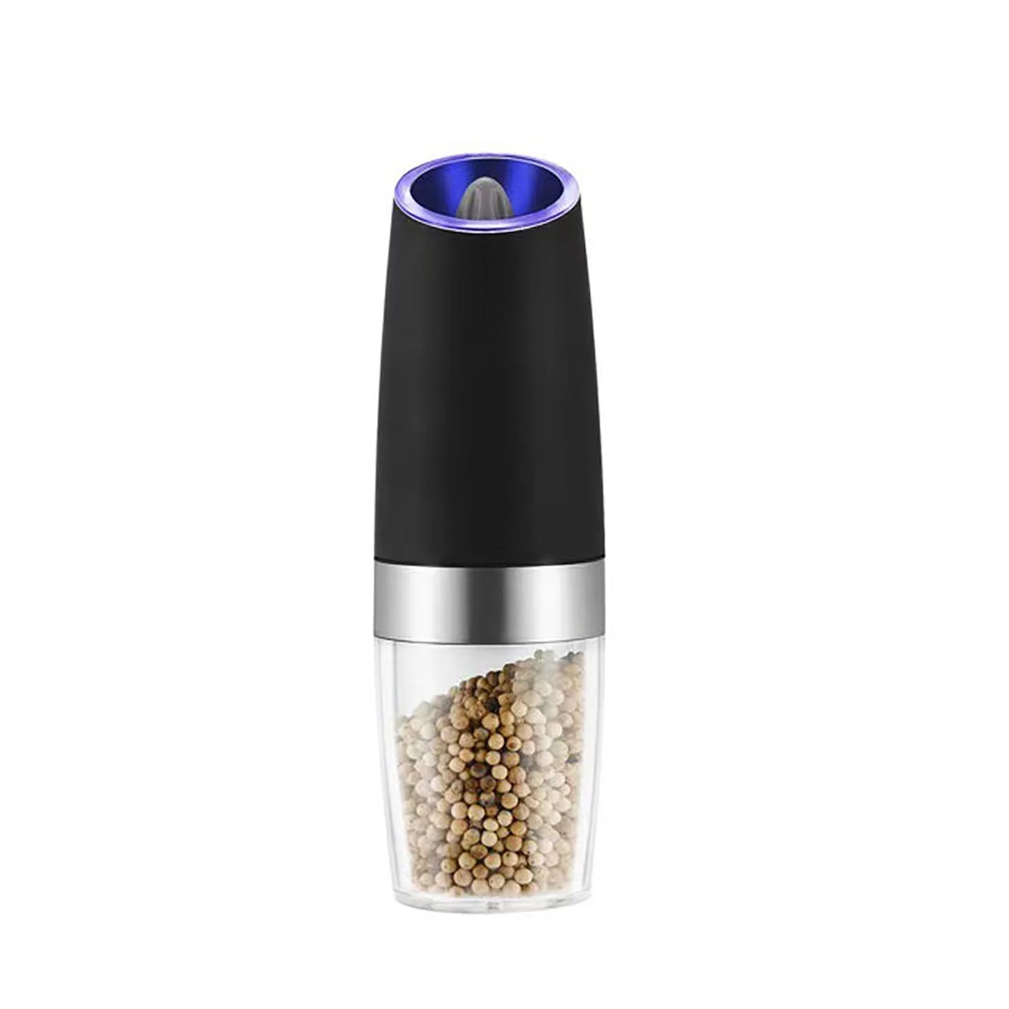 2 Pcs Electric Gravity Pepper and Salt Grinder Set, LED Light, Adjustable Coarseness, Battery Operated, Stainless Steel Black