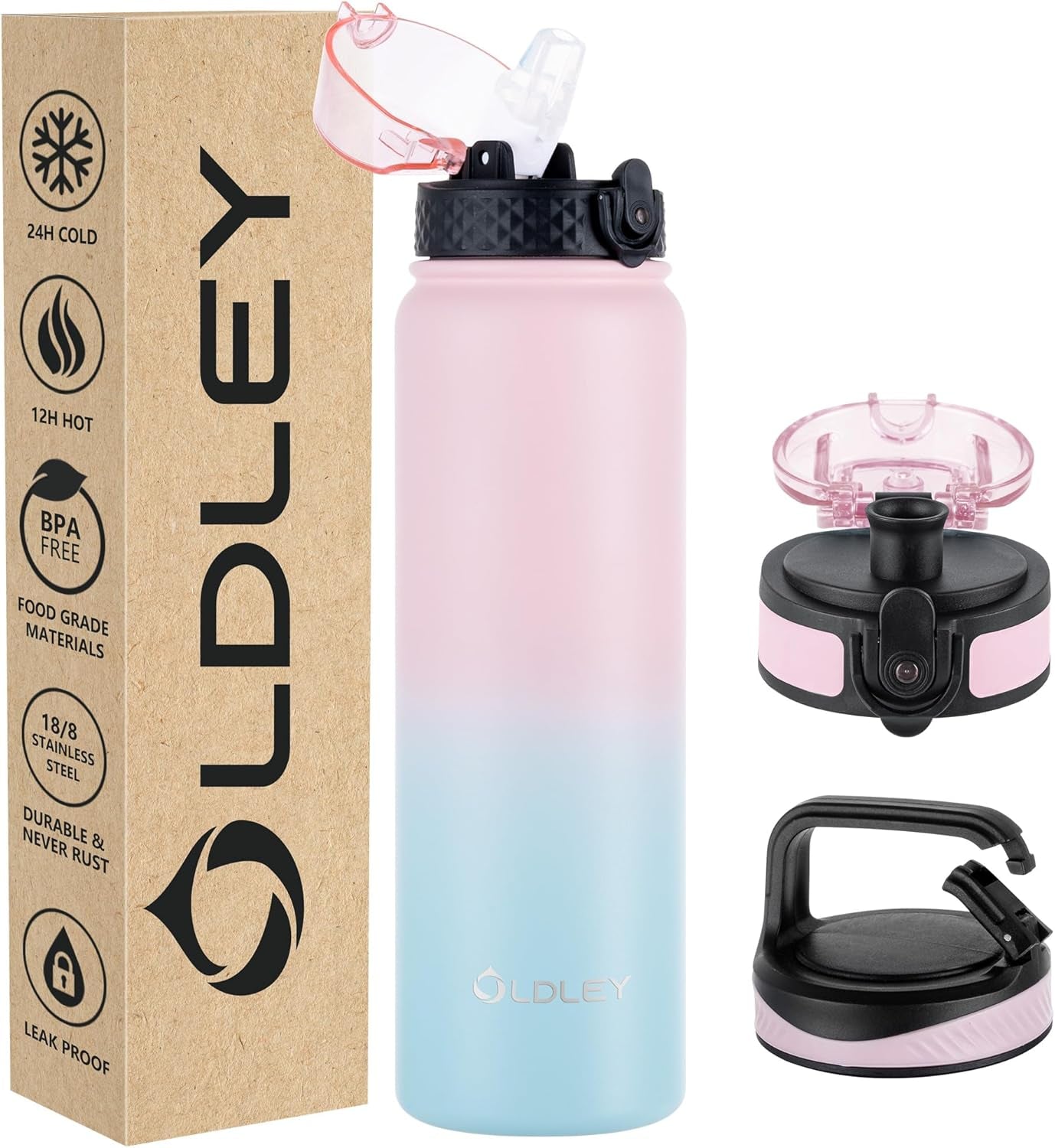 Insulated Water Bottle 12Oz Water Bottles with Straw, Stainless Steel Water Bottle with 2 Lids, Double Wall Vacuum Bottels for Adults Kids, Leak-Proof Sport Bottles for School Travel, Black