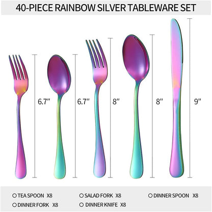 40-Piece Rainbow Silverware Set, Stainless Steel Cooking Flatware Serving Set, Flatware Cutlery Set for Home Kitchen Restaurant Hotel, Tableware Set Service for 8, Dishwasher Safe