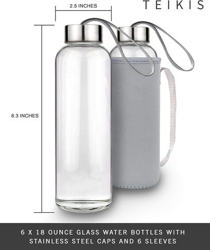 Glass Water Bottles 6 Pack - 18 Oz Clear Glass Bottles with Caps and Nylon Protective Sleeves - Glass Juice Bottles for Juicing - Reusable Glass Bottle for Water, Smoothie, Beverage