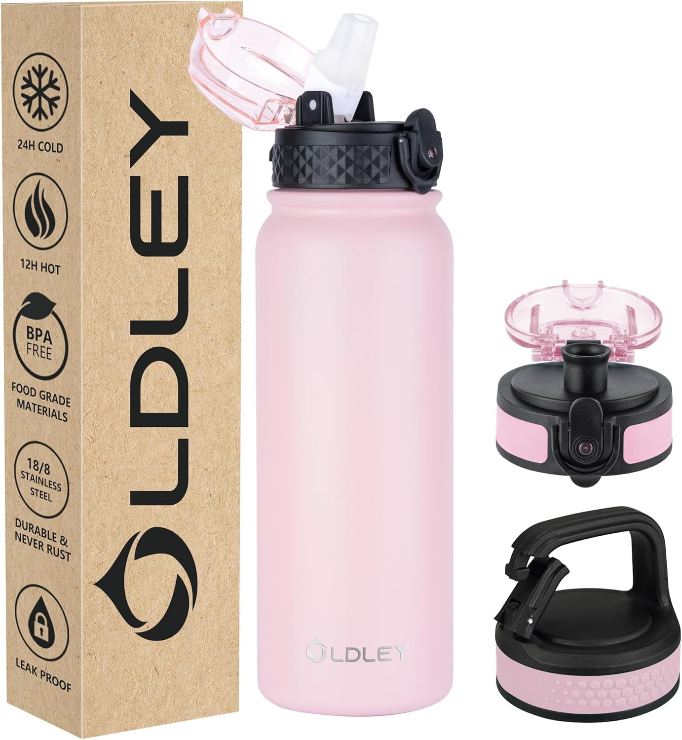 Insulated Water Bottle 12Oz Water Bottles with Straw, Stainless Steel Water Bottle with 2 Lids, Double Wall Vacuum Bottels for Adults Kids, Leak-Proof Sport Bottles for School Travel, Black