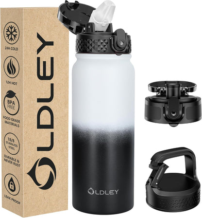 Insulated Water Bottle 12Oz Water Bottles with Straw, Stainless Steel Water Bottle with 2 Lids, Double Wall Vacuum Bottels for Adults Kids, Leak-Proof Sport Bottles for School Travel, Black