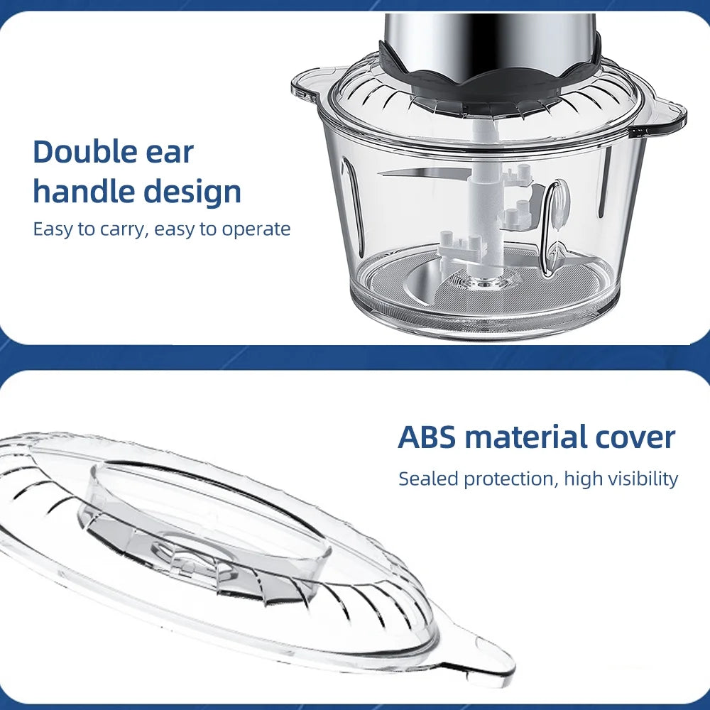 Electric Food Grinder 8Cup Large Household Capacity Stainless Steel 2 Gears 250W High Power Kitchen Cooker Blender