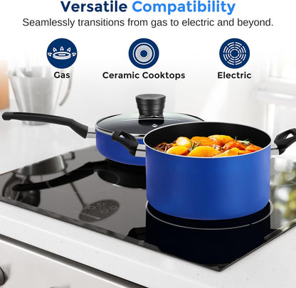 20-Piece Blue Cookware and Knives Set - Includes Multi-Sized Nonstick Pots and Pans with Lids and Utensils, Heat Resistant, Dishwasher Safe