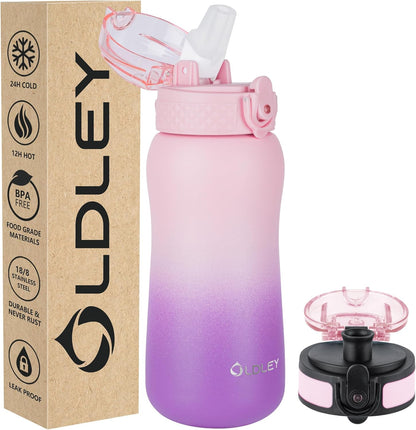 Insulated Water Bottle 12Oz Water Bottles with Straw, Stainless Steel Water Bottle with 2 Lids, Double Wall Vacuum Bottels for Adults Kids, Leak-Proof Sport Bottles for School Travel, Black