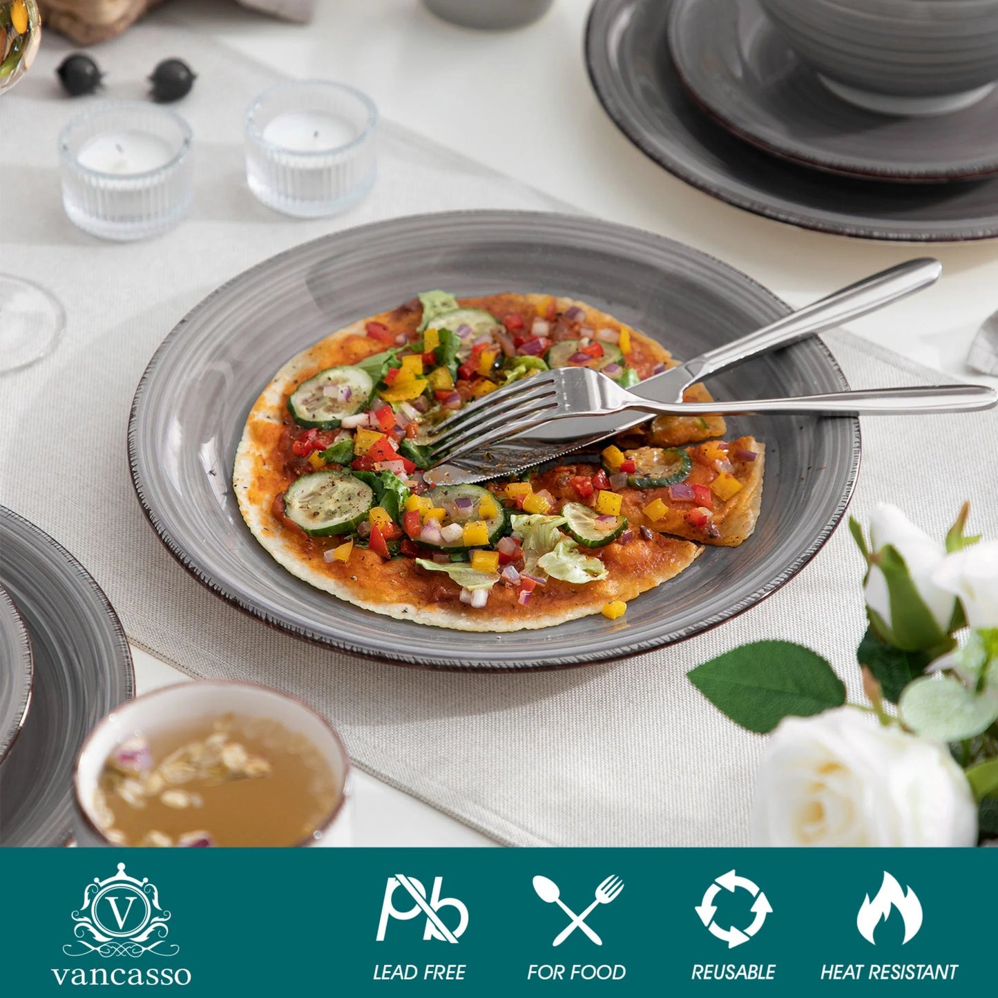 , Series Bella, 32 Piece Stoneware Dinnerware Set, Grey Dinner Set, Service for 8