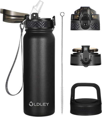 Insulated Water Bottle 12Oz Water Bottles with Straw, Stainless Steel Water Bottle with 2 Lids, Double Wall Vacuum Bottels for Adults Kids, Leak-Proof Sport Bottles for School Travel, Black
