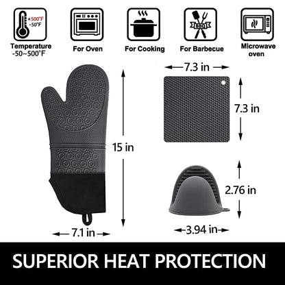 Silicone Oven Mitts and Pot Holders Sets,  Extra Long Heat Resistant Oven Gloves with Hot Pads and Mini Oven Mits Set for Kitchen Cooking Baking, Soft Quilted Lining, Pack of 6 (Gray)