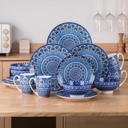 , 16 Piece Porcelain Dinnerware Set, Boho Blue Dinner Set, Service for 4