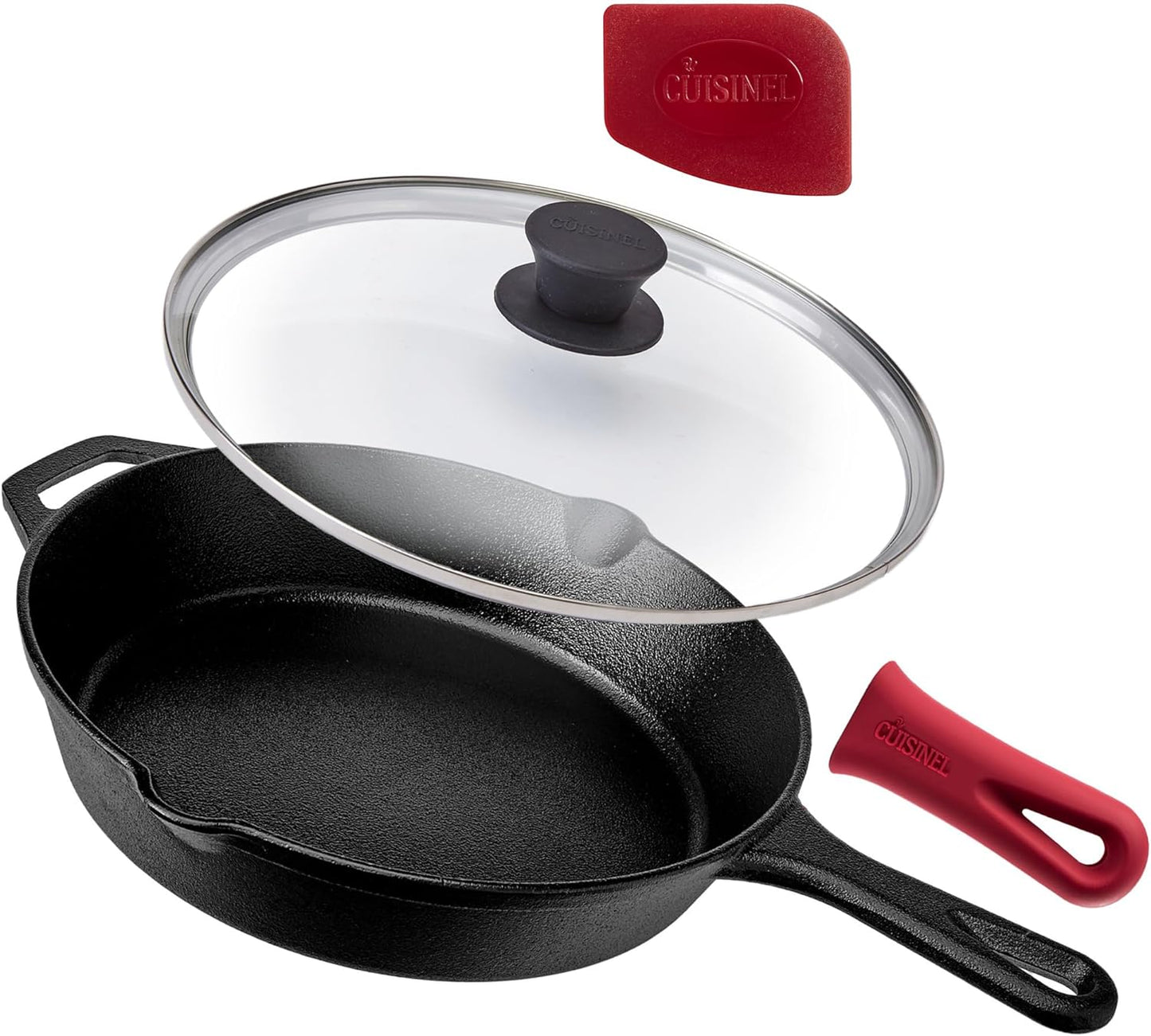 Cast Iron Skillet Set - 10" + 12" Frying Pan + Glass Lids + 2 Handle Cover Grips - Pre-Seasoned Oven Cookware - Indoor/Outdoor Use - Grill, Stovetop, Induction, BBQ, Camping, Fire Use