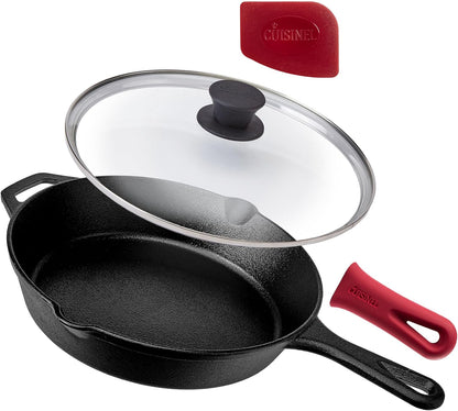 Cast Iron Skillet Set - 10" + 12" Frying Pan + Glass Lids + 2 Handle Cover Grips - Pre-Seasoned Oven Cookware - Indoor/Outdoor Use - Grill, Stovetop, Induction, BBQ, Camping, Fire Use