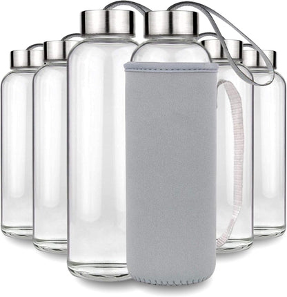 Glass Water Bottles 6 Pack - 18 Oz Clear Glass Bottles with Caps and Nylon Protective Sleeves - Glass Juice Bottles for Juicing - Reusable Glass Bottle for Water, Smoothie, Beverage