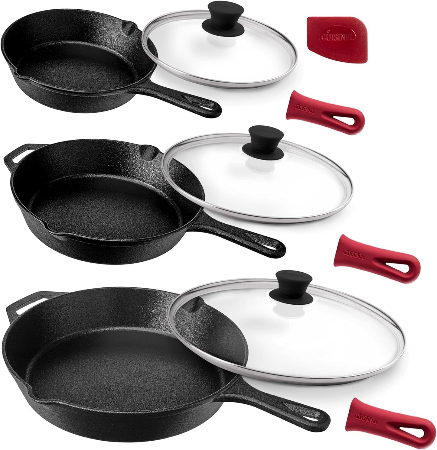 Cast Iron Skillet Set - 10" + 12" Frying Pan + Glass Lids + 2 Handle Cover Grips - Pre-Seasoned Oven Cookware - Indoor/Outdoor Use - Grill, Stovetop, Induction, BBQ, Camping, Fire Use