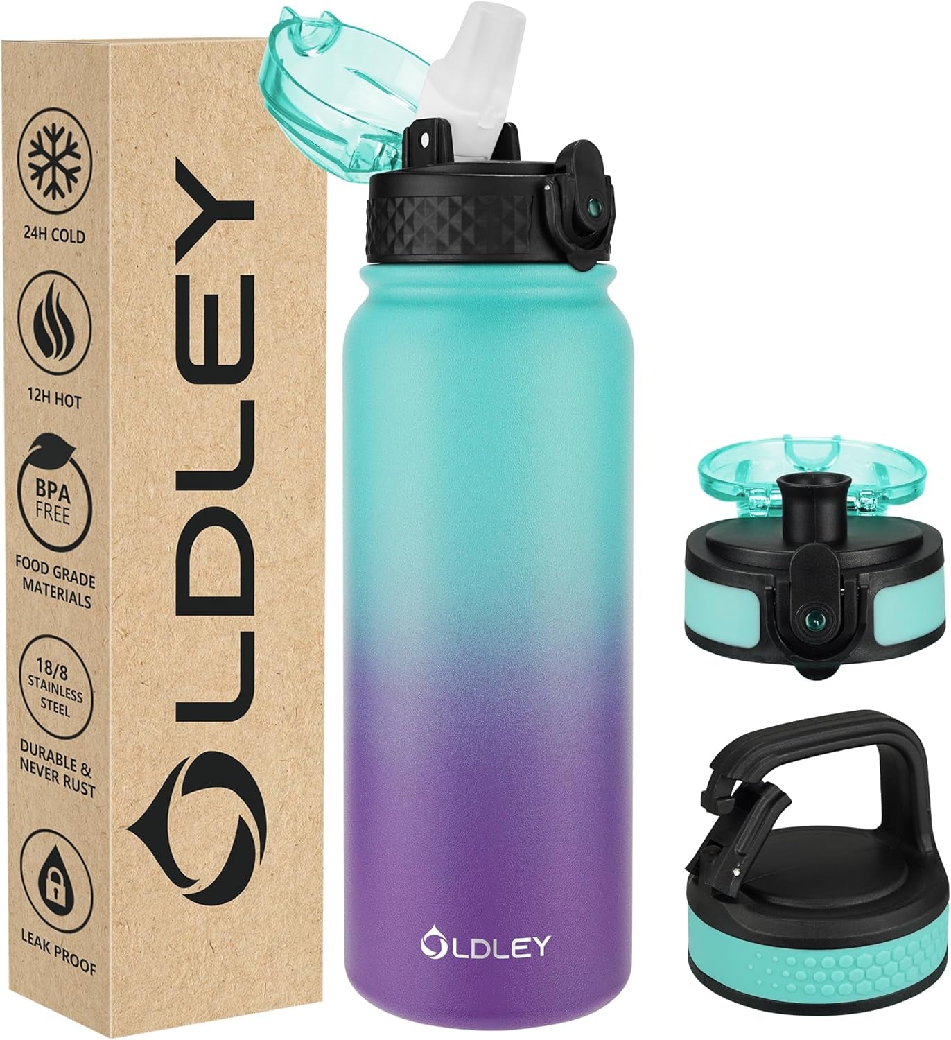 Insulated Water Bottle 12Oz Water Bottles with Straw, Stainless Steel Water Bottle with 2 Lids, Double Wall Vacuum Bottels for Adults Kids, Leak-Proof Sport Bottles for School Travel, Black