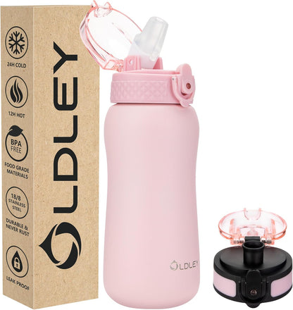 Insulated Water Bottle 12Oz Water Bottles with Straw, Stainless Steel Water Bottle with 2 Lids, Double Wall Vacuum Bottels for Adults Kids, Leak-Proof Sport Bottles for School Travel, Black