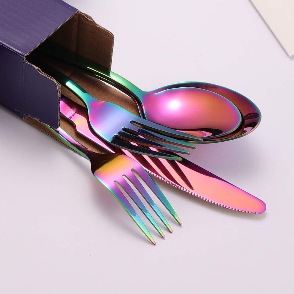 20 Pcs Rainbow Silverware Set Service for 4,Premium Colorful Stainless Steel Flatware Set,Mirror Polished Cutlery Eating Utensil Set,Include Fork Knife Spoon Set,Dishwasher Safe