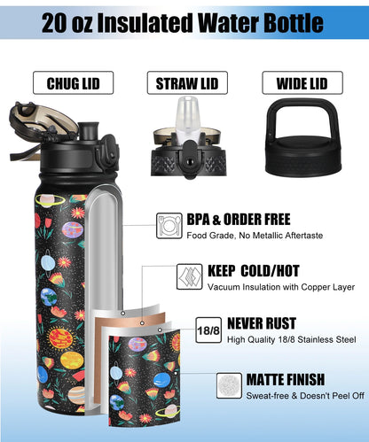 Insulated 20Oz Stainless Steel Water Bottles with 3 Lids & Straw