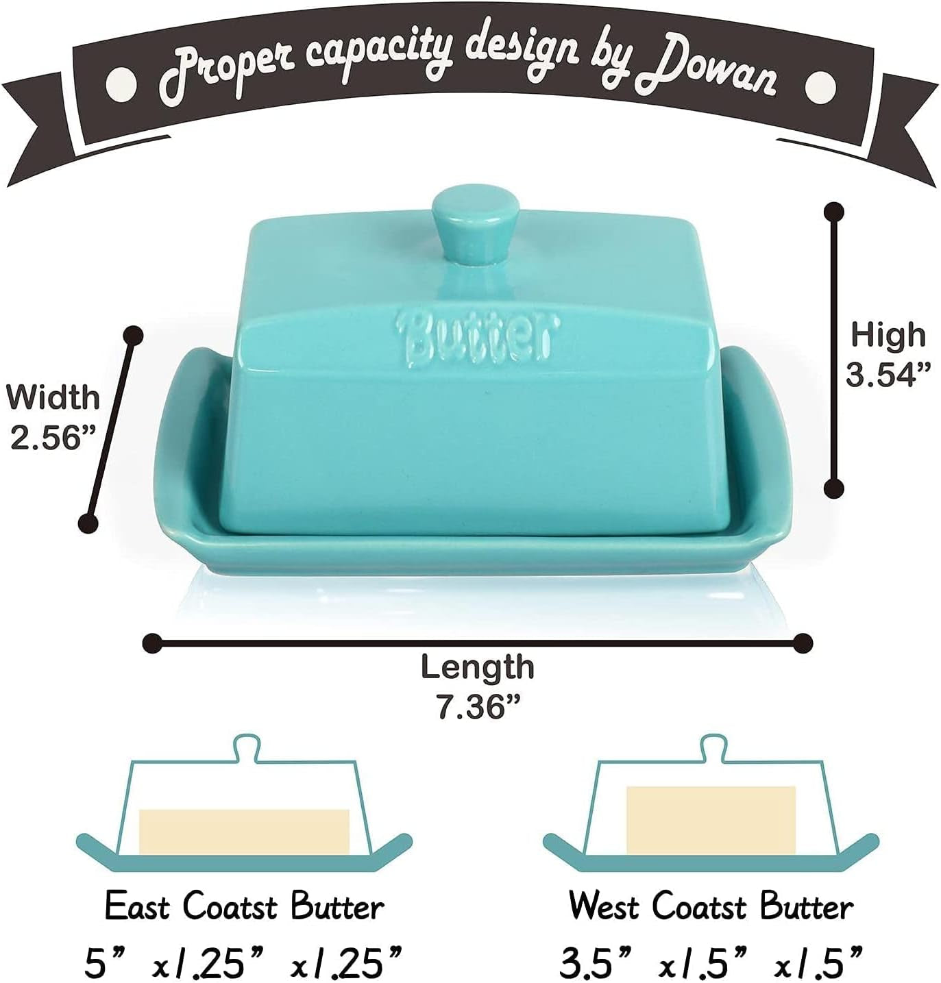 Ceramic Butter Dishes with Lid, Large Butter Keeper Rectangle Butter Container with Handle, Porcelain Butter Holder for East/West Butter
