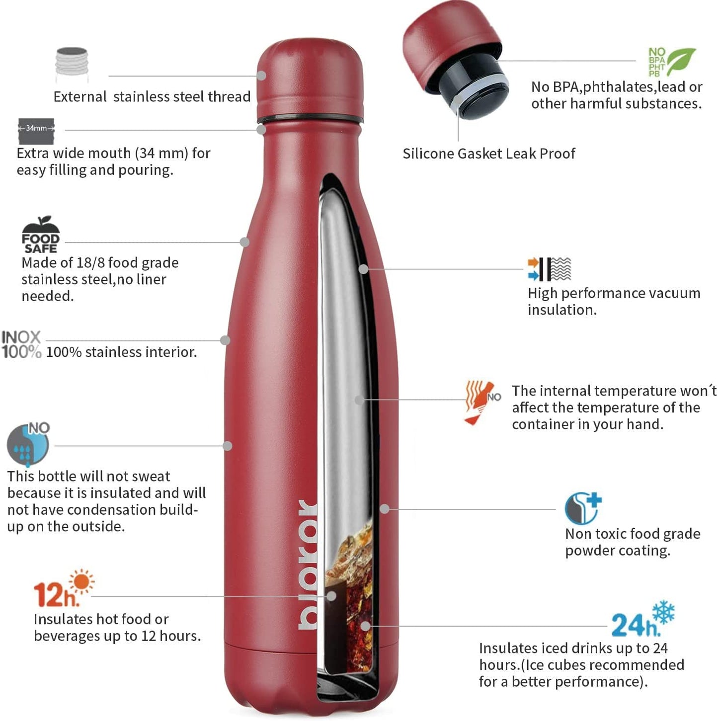 17Oz Insulated Stainless Steel Water Bottles,Sports Water Bottles Keep Cold for 24 Hours and Hot for 12 Hours,Bpa Free for Travel,Brick Red