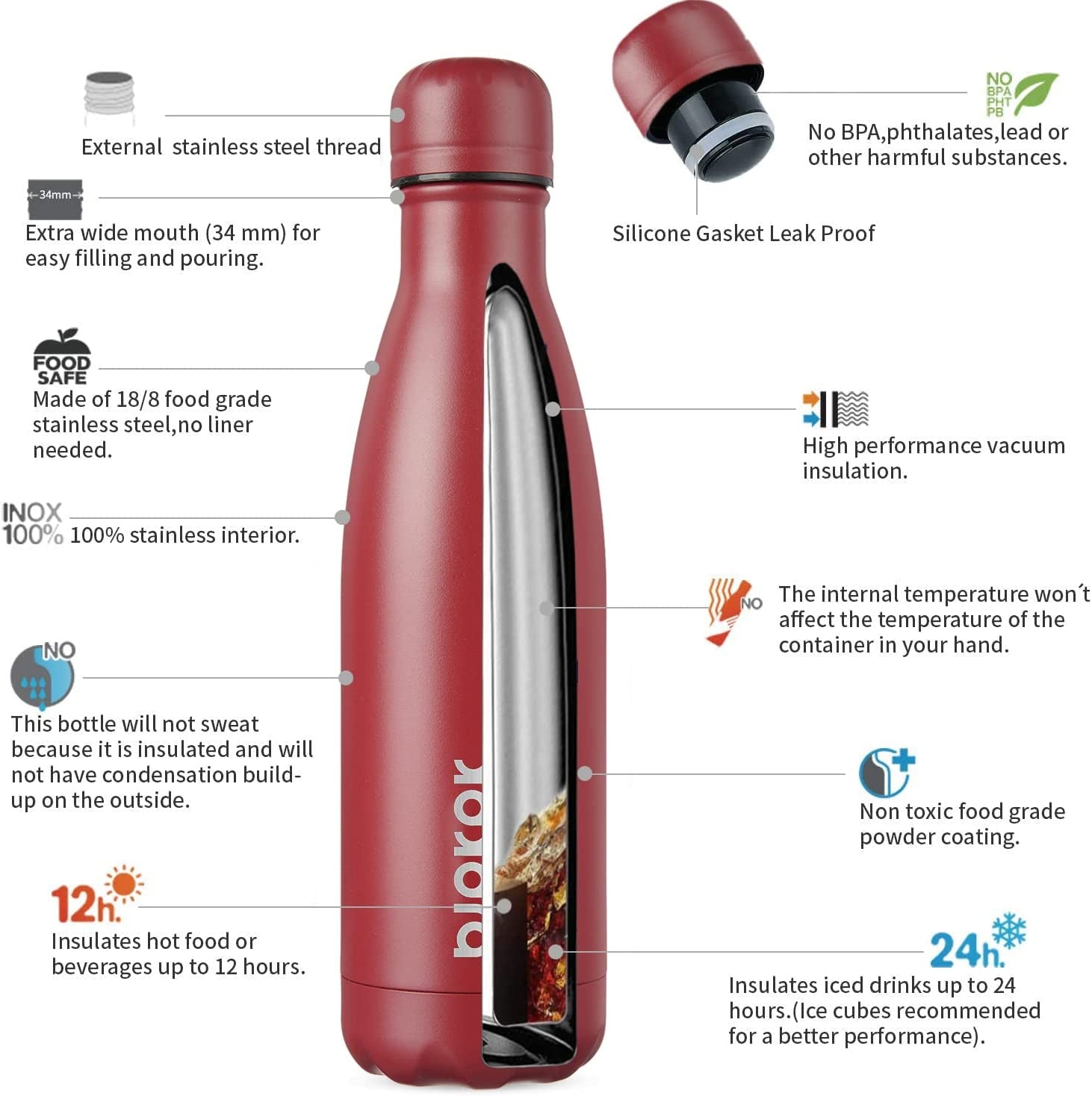 17Oz Insulated Stainless Steel Water Bottles,Sports Water Bottles Keep Cold for 24 Hours and Hot for 12 Hours,Bpa Free for Travel,Brick Red