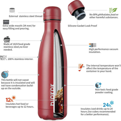 17Oz Insulated Stainless Steel Water Bottles,Sports Water Bottles Keep Cold for 24 Hours and Hot for 12 Hours,Bpa Free for Travel,Brick Red