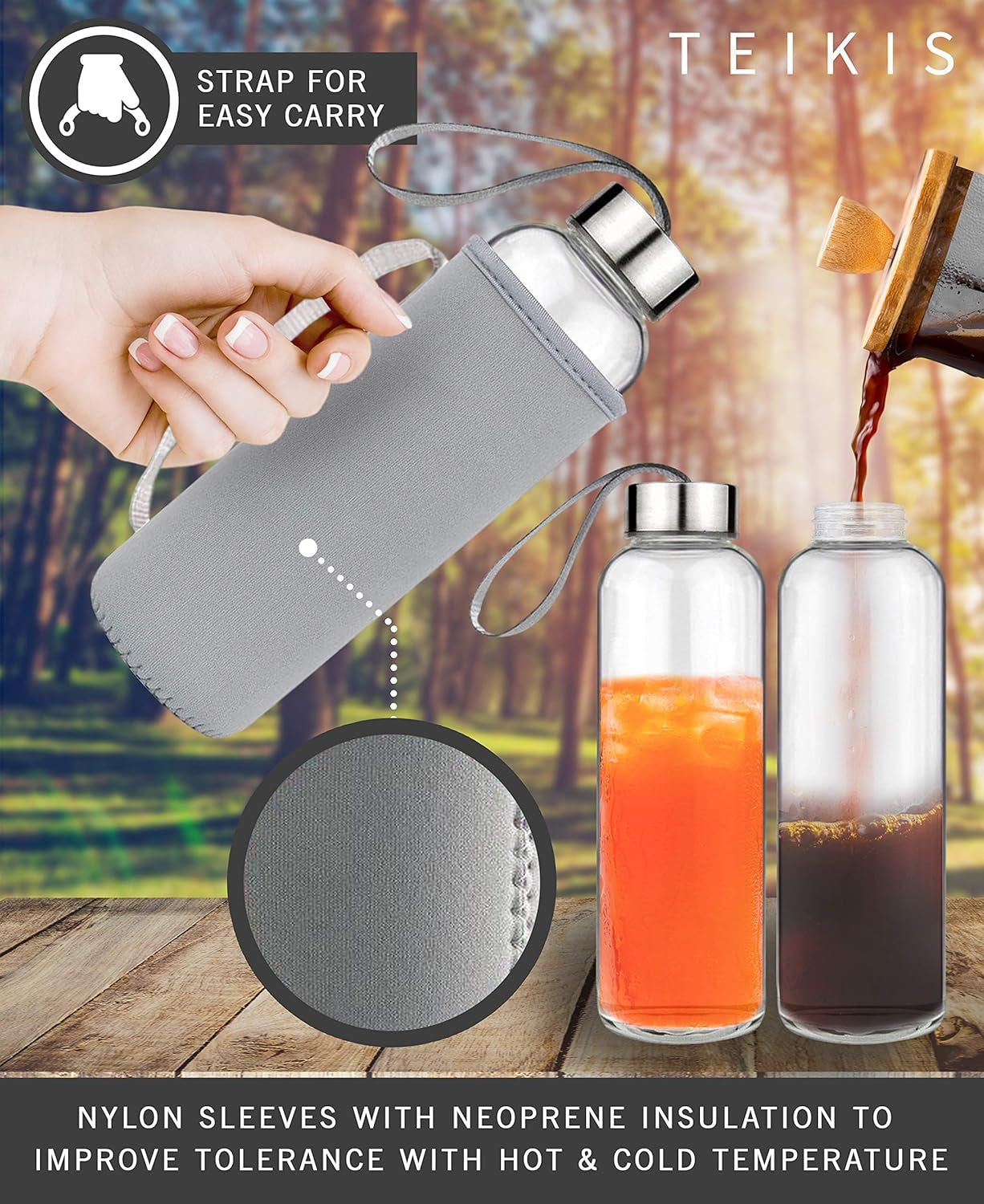 Glass Water Bottles 6 Pack - 18 Oz Clear Glass Bottles with Caps and Nylon Protective Sleeves - Glass Juice Bottles for Juicing - Reusable Glass Bottle for Water, Smoothie, Beverage