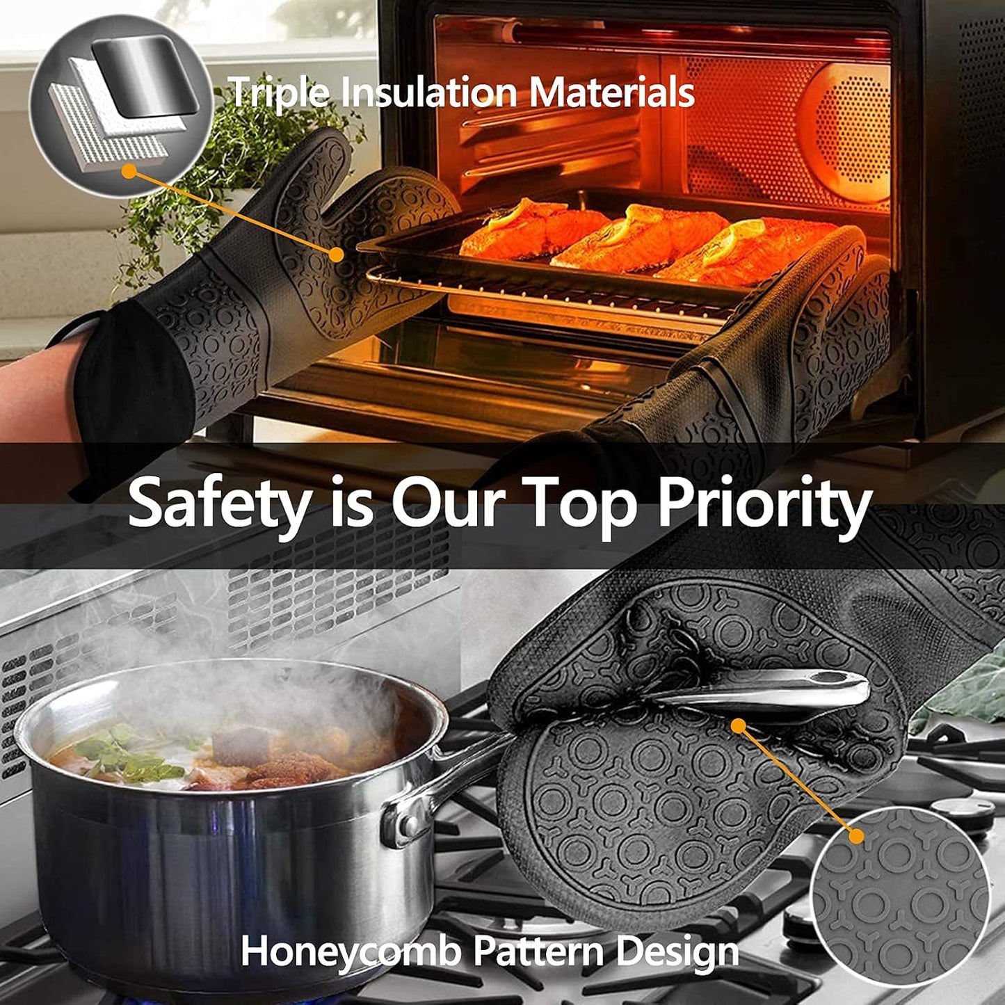 Silicone Oven Mitts and Pot Holders Sets,  Extra Long Heat Resistant Oven Gloves with Hot Pads and Mini Oven Mits Set for Kitchen Cooking Baking, Soft Quilted Lining, Pack of 6 (Gray)