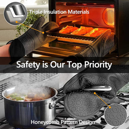 Silicone Oven Mitts and Pot Holders Sets,  Extra Long Heat Resistant Oven Gloves with Hot Pads and Mini Oven Mits Set for Kitchen Cooking Baking, Soft Quilted Lining, Pack of 6 (Gray)