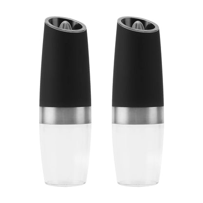 2 Pcs Electric Gravity Pepper and Salt Grinder Set, LED Light, Adjustable Coarseness, Battery Operated, Stainless Steel Black