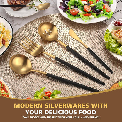 Serving Utensils,Matte Black Gold Kitchen Utensils Set,5 PCS Stainless Steel Serving Utensils Set Include Serving Fork,Slotted Spoon,Serving Spoon,Butter Knife,Sugar Spoon,Dishwasher Safe