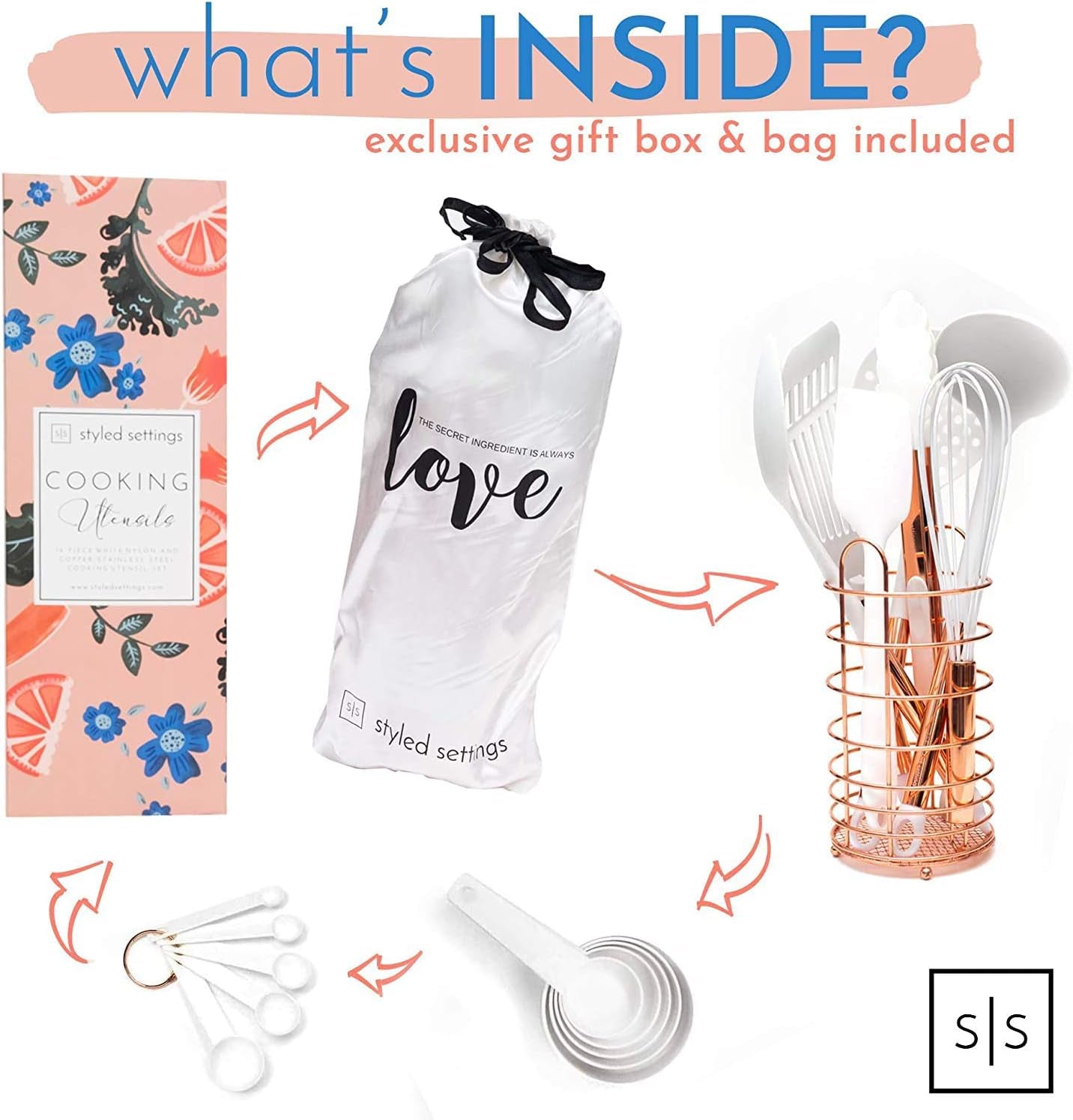 White & Copper Kitchen Utensils - 18 PC Set Includes Utensil Holder, Measuring Cups & Spoons, Rose Gold Accessories