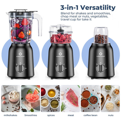 3-In-1 Countertop Blender for Shakes, Meat Chopper, Coffee Grinder, 500 Watts, 50Oz. Blending Jar, Smoothie Blender with 2 Speeds and Pulse