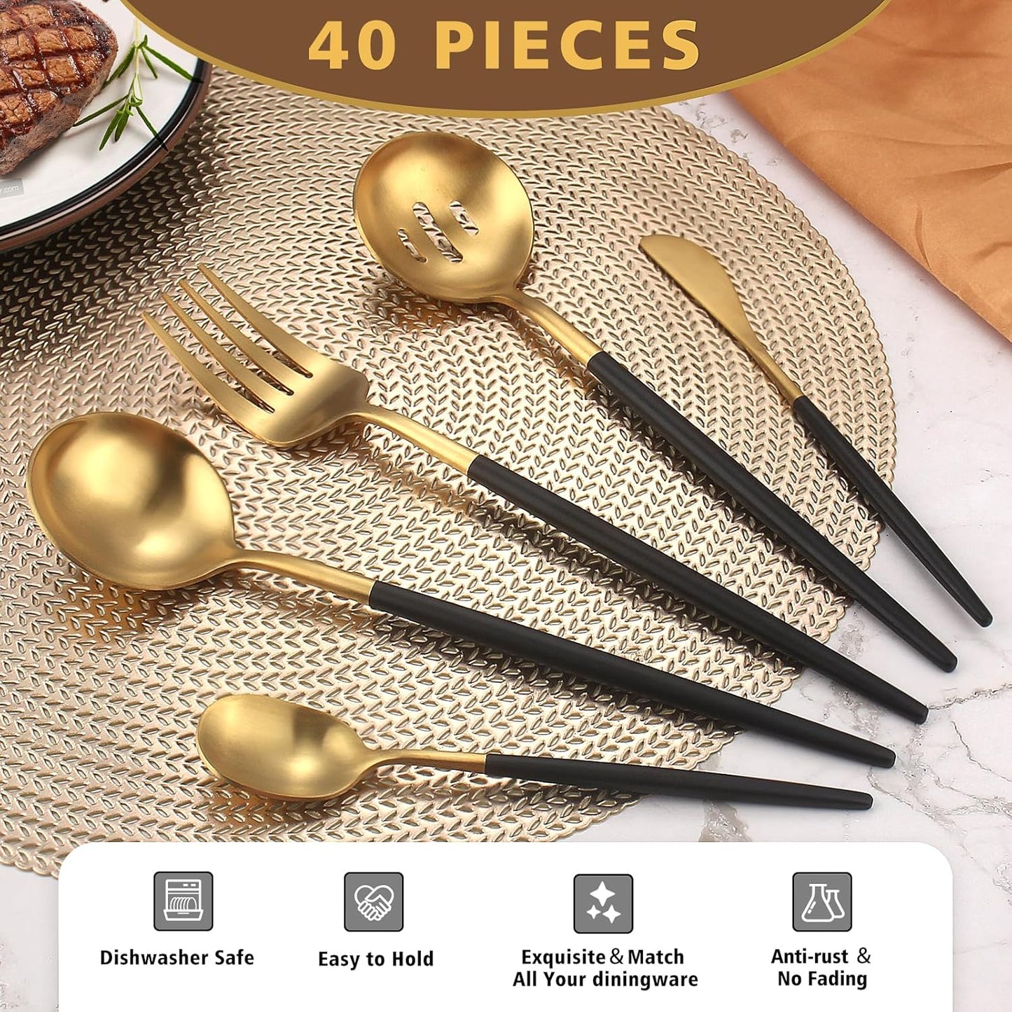 Serving Utensils,Matte Black Gold Kitchen Utensils Set,5 PCS Stainless Steel Serving Utensils Set Include Serving Fork,Slotted Spoon,Serving Spoon,Butter Knife,Sugar Spoon,Dishwasher Safe