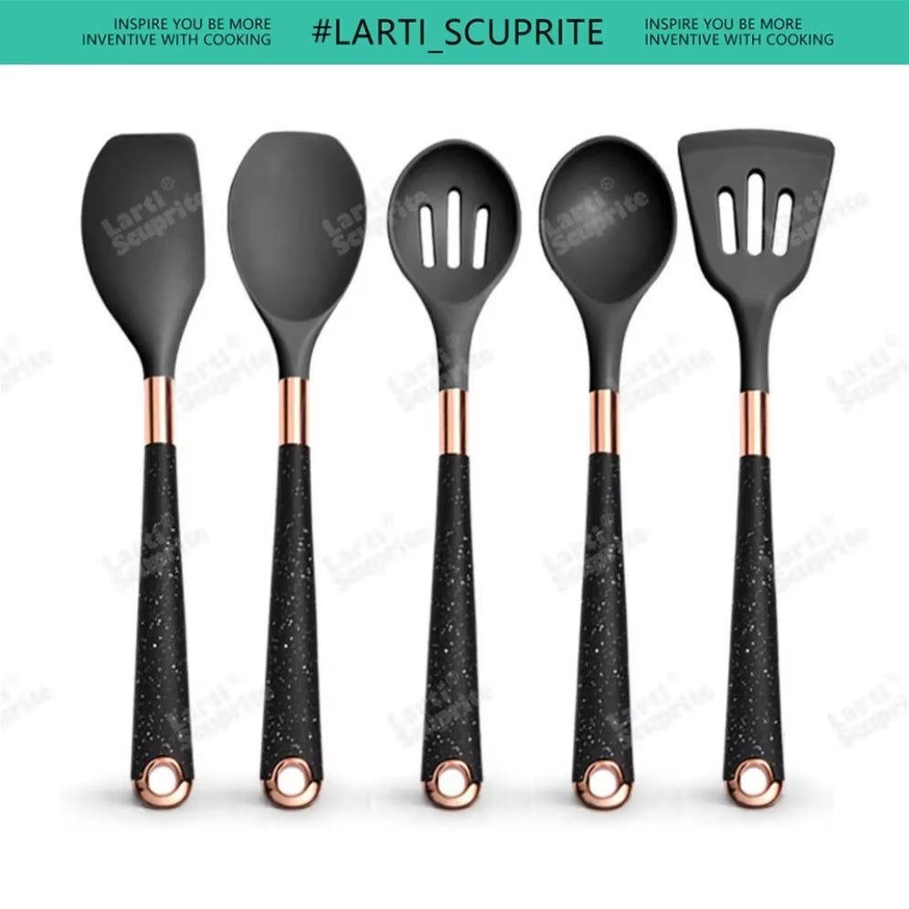 Gold Plated Handle Silicone Cooking Utensils Set Kitchen Non-Stick Tool Gadgets BPA FREE Kitchenware Heat Resistant Spatula Set