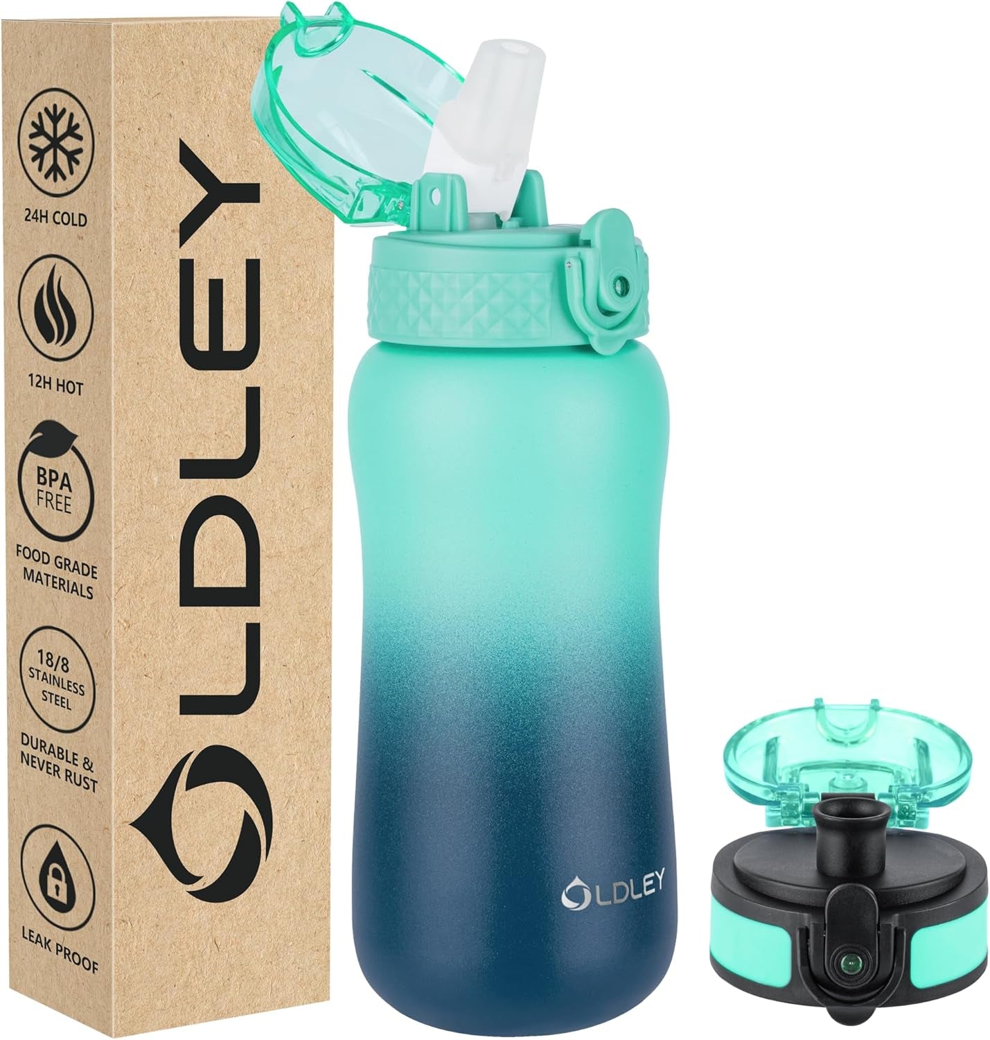 Insulated Water Bottle 12Oz Water Bottles with Straw, Stainless Steel Water Bottle with 2 Lids, Double Wall Vacuum Bottels for Adults Kids, Leak-Proof Sport Bottles for School Travel, Black