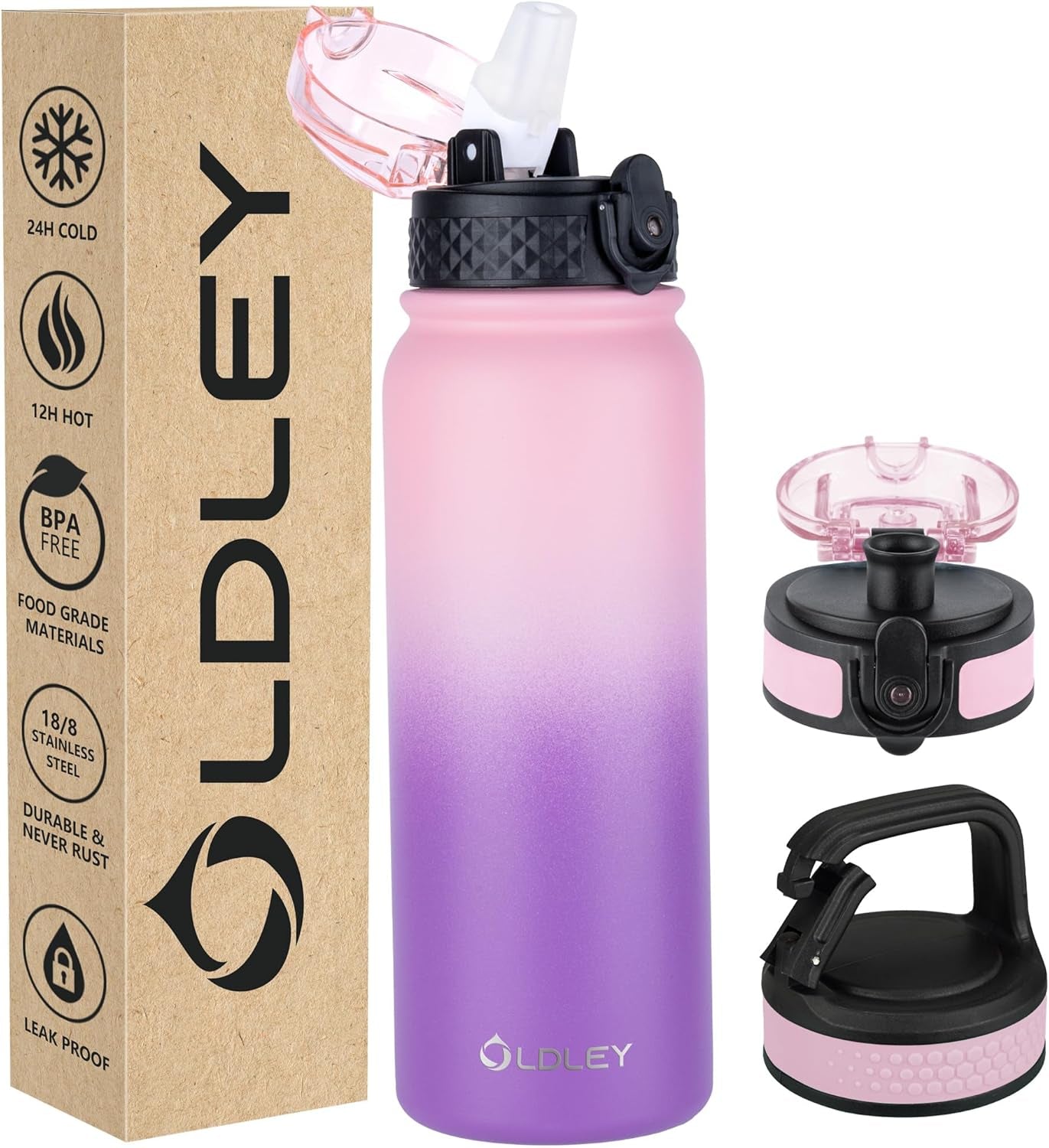 Insulated Water Bottle 12Oz Water Bottles with Straw, Stainless Steel Water Bottle with 2 Lids, Double Wall Vacuum Bottels for Adults Kids, Leak-Proof Sport Bottles for School Travel, Black