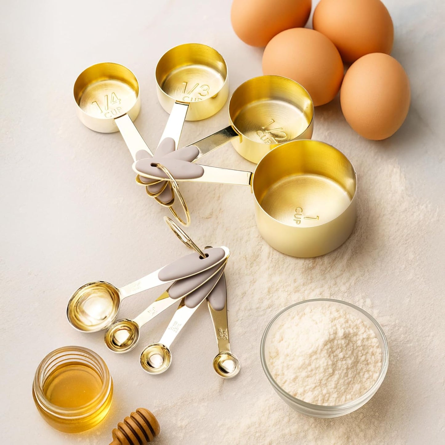 Gold Measuring Cups and Spoons Set – 8-Piece Brass Measuring Set with Beige Silicone Handles for Comfortable Grip – Stainless Steel, Stackable, Gold Kitchen Accessories for Baking & Cooking