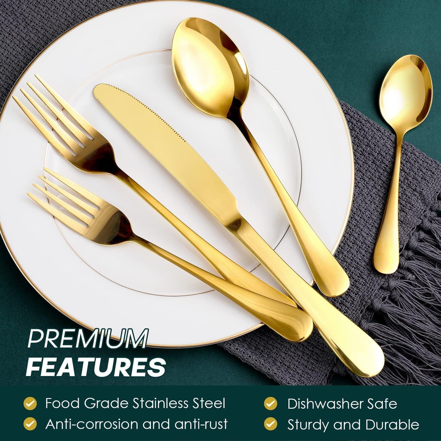 Gold Silverware Set,  40-Piece Food Grade Stainless Steel Gold Flatware Set, Kitchen Utensil Set Service for 8, Mirror Polished Tableware Cutlery Set for Home and Restaurant, Dishwasher Safe