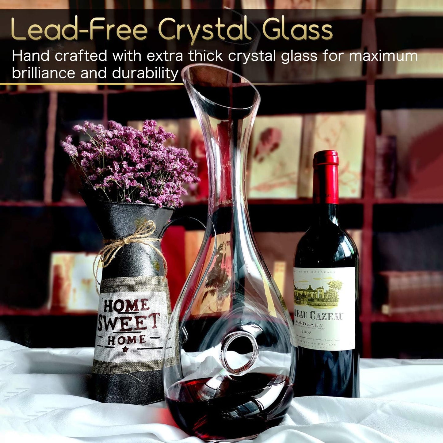 Hand Blown Crystal Wine Decanter - Classic Pierced Design, Luxury Wine Carafe