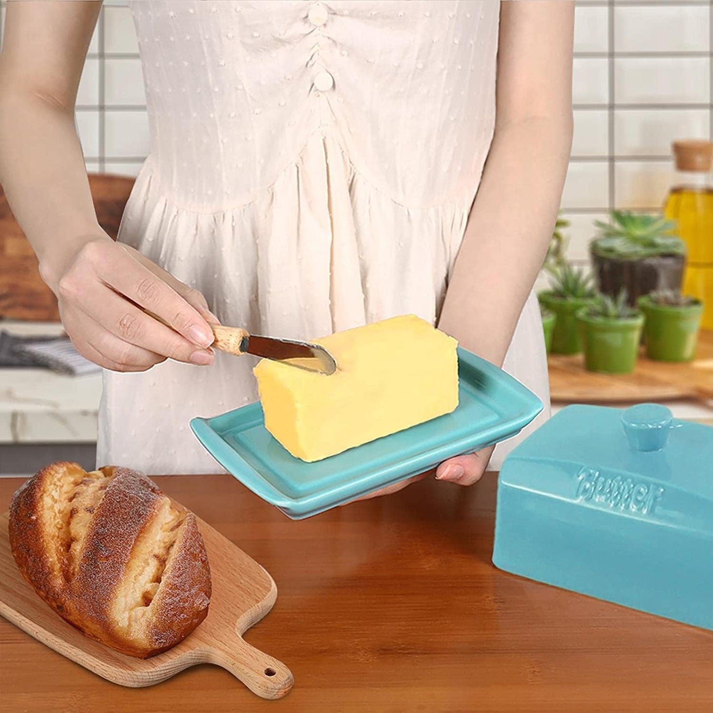Ceramic Butter Dishes with Lid, Large Butter Keeper Rectangle Butter Container with Handle, Porcelain Butter Holder for East/West Butter