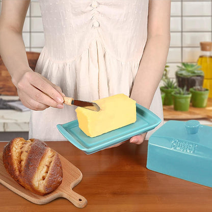 Ceramic Butter Dishes with Lid, Large Butter Keeper Rectangle Butter Container with Handle, Porcelain Butter Holder for East/West Butter