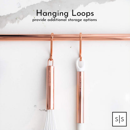 White & Copper Kitchen Utensils - 18 PC Set Includes Utensil Holder, Measuring Cups & Spoons, Rose Gold Accessories