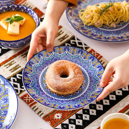 , 16 Piece Porcelain Dinnerware Set, Boho Blue Dinner Set, Service for 4