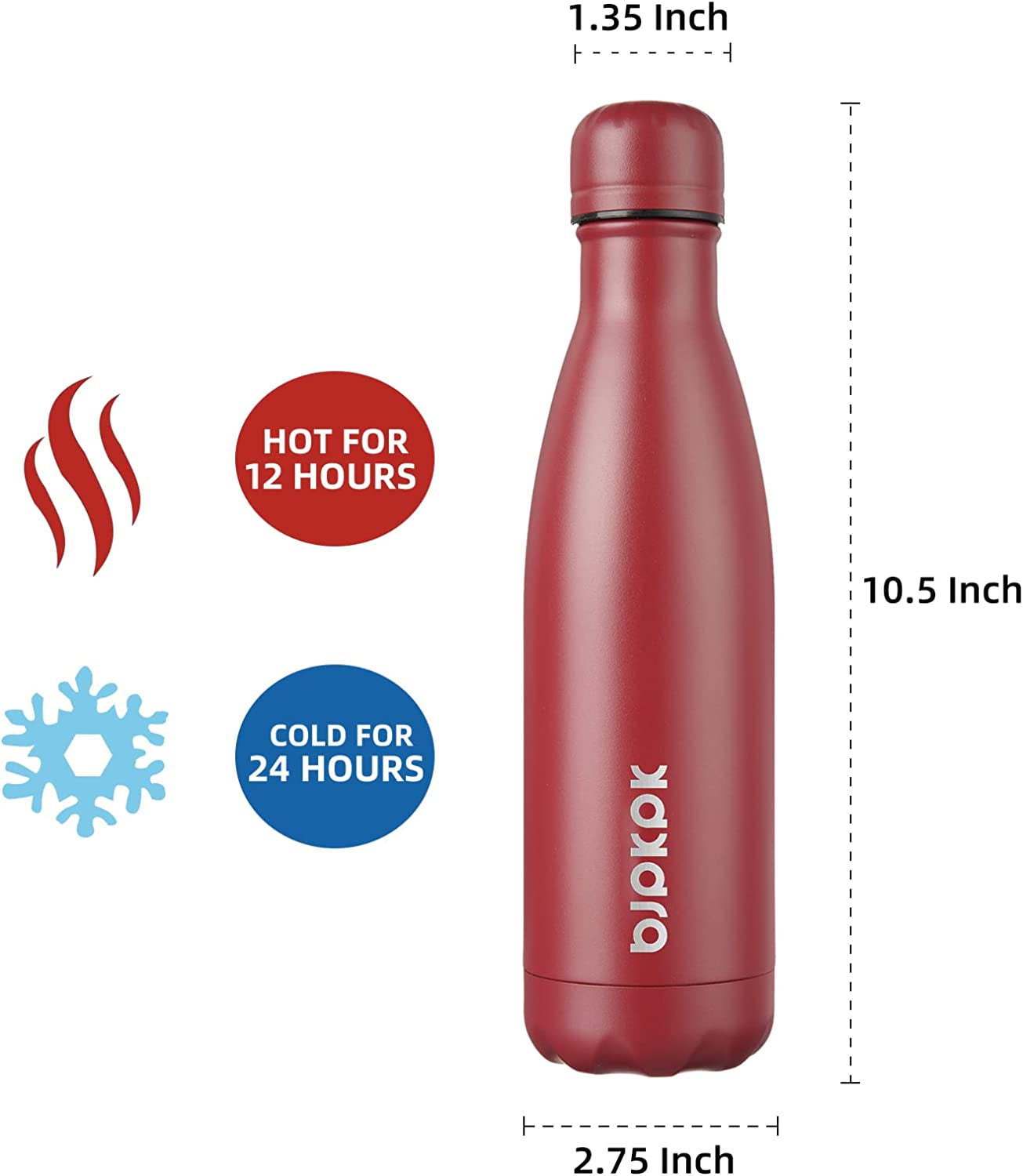 17Oz Insulated Stainless Steel Water Bottles,Sports Water Bottles Keep Cold for 24 Hours and Hot for 12 Hours,Bpa Free for Travel,Brick Red