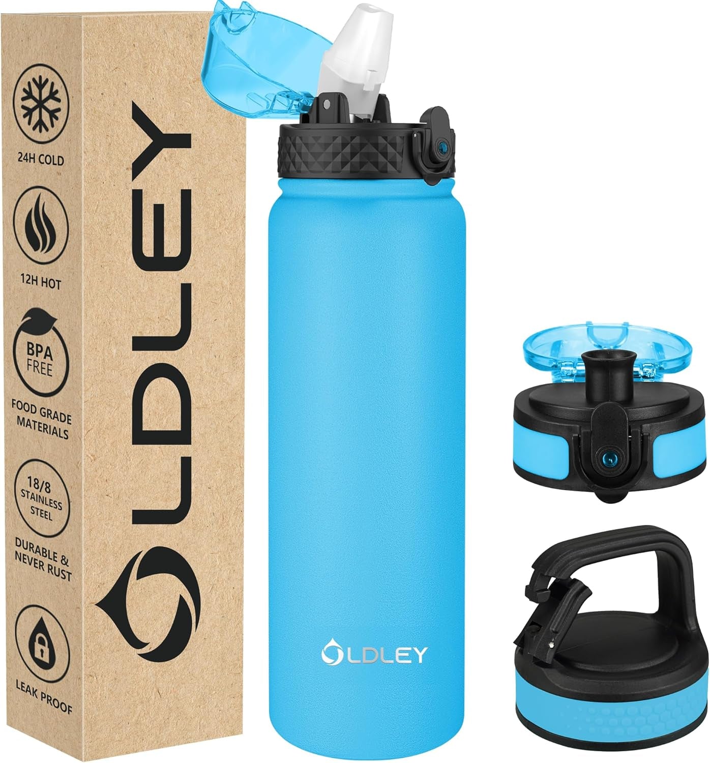 Insulated Water Bottle 12Oz Water Bottles with Straw, Stainless Steel Water Bottle with 2 Lids, Double Wall Vacuum Bottels for Adults Kids, Leak-Proof Sport Bottles for School Travel, Black