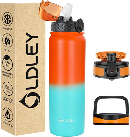 Insulated Water Bottle 12Oz Water Bottles with Straw, Stainless Steel Water Bottle with 2 Lids, Double Wall Vacuum Bottels for Adults Kids, Leak-Proof Sport Bottles for School Travel, Black