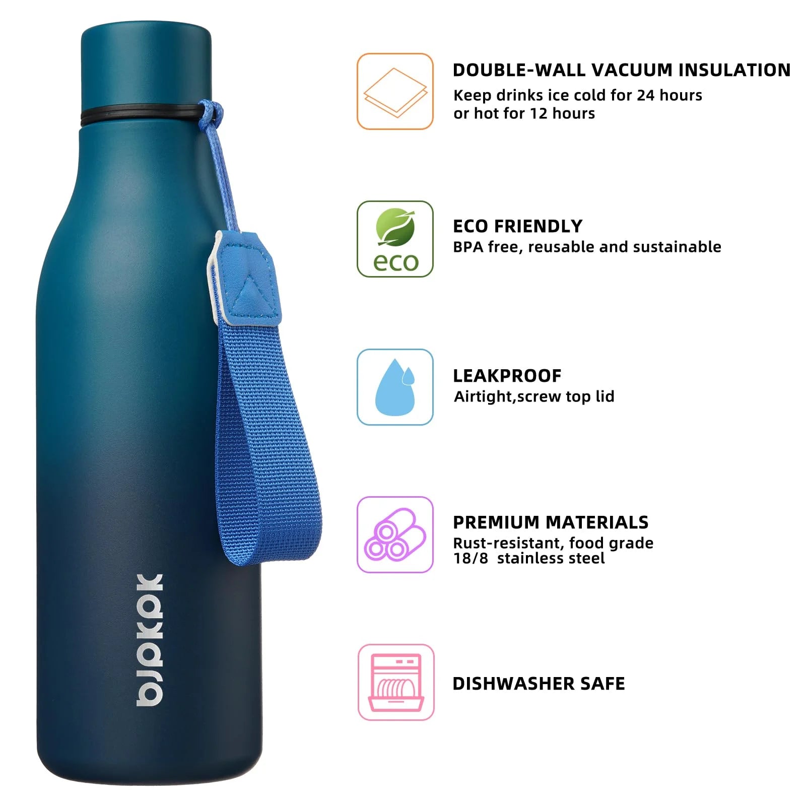 Insulated Water Bottles with Strap,18Oz Stainless Steel Metal Flask,Indigo Black