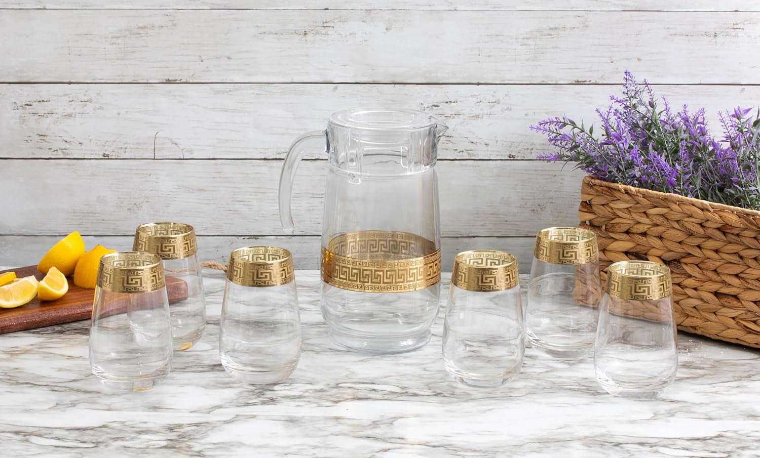 Vintage Glassware Set - 64 Oz Glass Pitcher with Handle and 6 Highball Drinking Glasses 11 Oz - Durable, Thick Glass - Gold Band Rim Design - Perfect for Gifting or Hosting Essentials