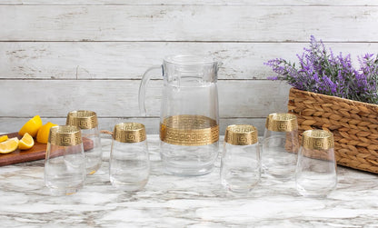 Vintage Glassware Set - 64 Oz Glass Pitcher with Handle and 6 Highball Drinking Glasses 11 Oz - Durable, Thick Glass - Gold Band Rim Design - Perfect for Gifting or Hosting Essentials